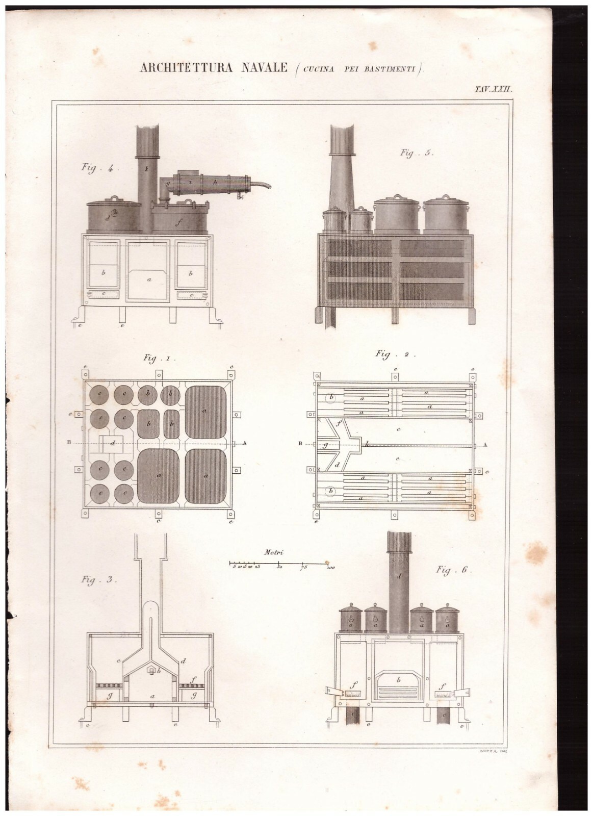 Incisione Antica ARCHITETTURA NAVALE cucina pei bastimenti 1866 da incorniciare