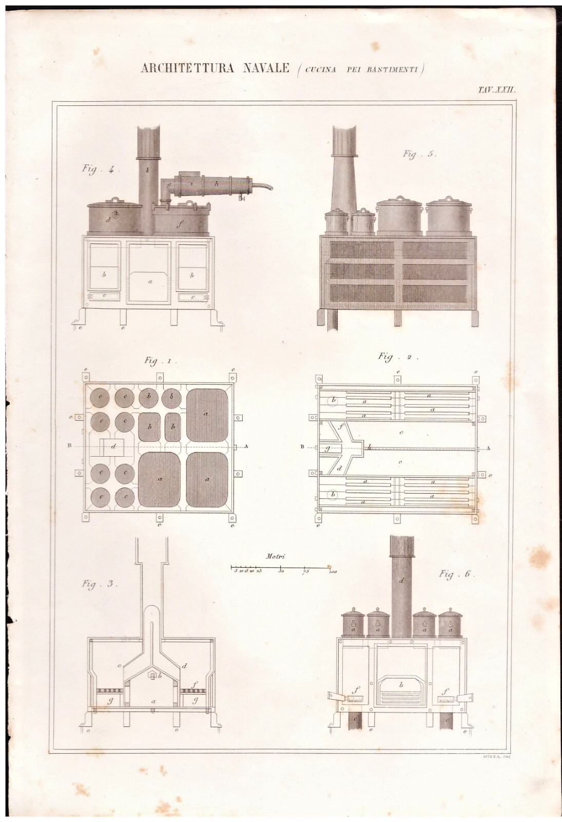 Incisione Antica ARCHITETTURA NAVALE cucina pei bastimenti 1866 stampa gravure
