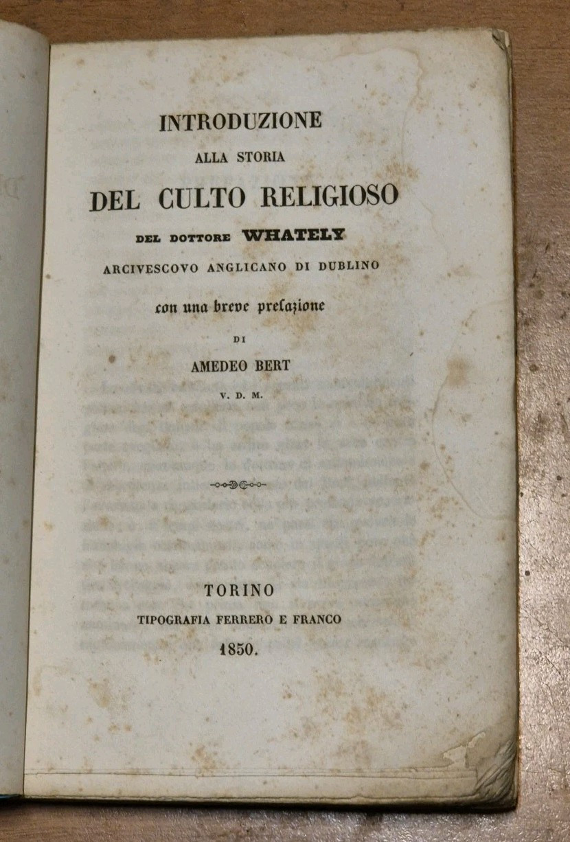 INTRODUZIONE ALLA STORIA DEL CULTO RELIGIOSO di Whately 1850 Ferrero …