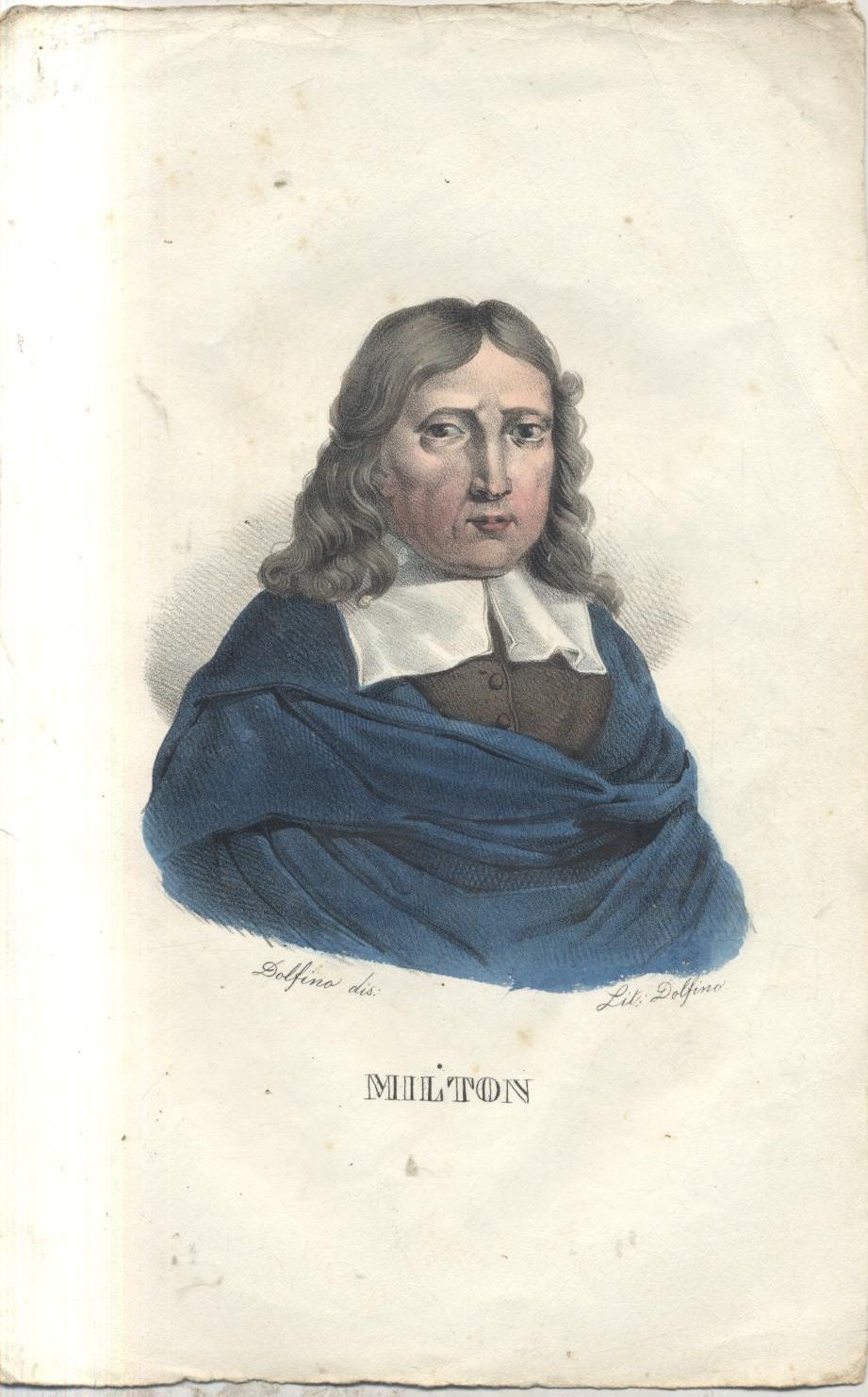 JOHN MILTON litografia DOLFINO acquerellata metà 800 ORIGINALE senza cornice