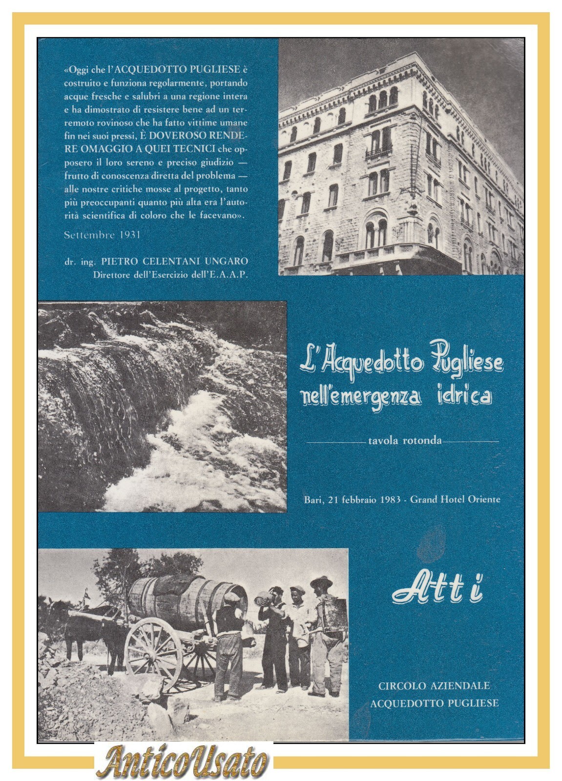L'ACQUEDOTTO PUGLIESE NELL'EMERGENZA IDRICA tavola rotonda 1983 Bari libro