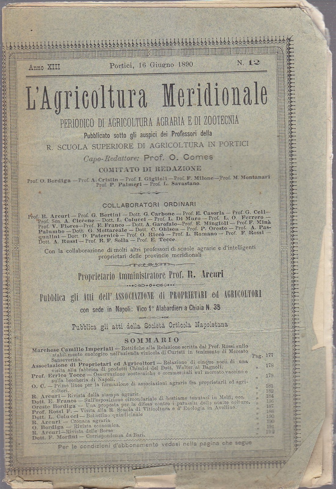 L'AGRICOLTURA MERIDIONALE 15 numeri 1890 periodico agricoltura pratica Portici