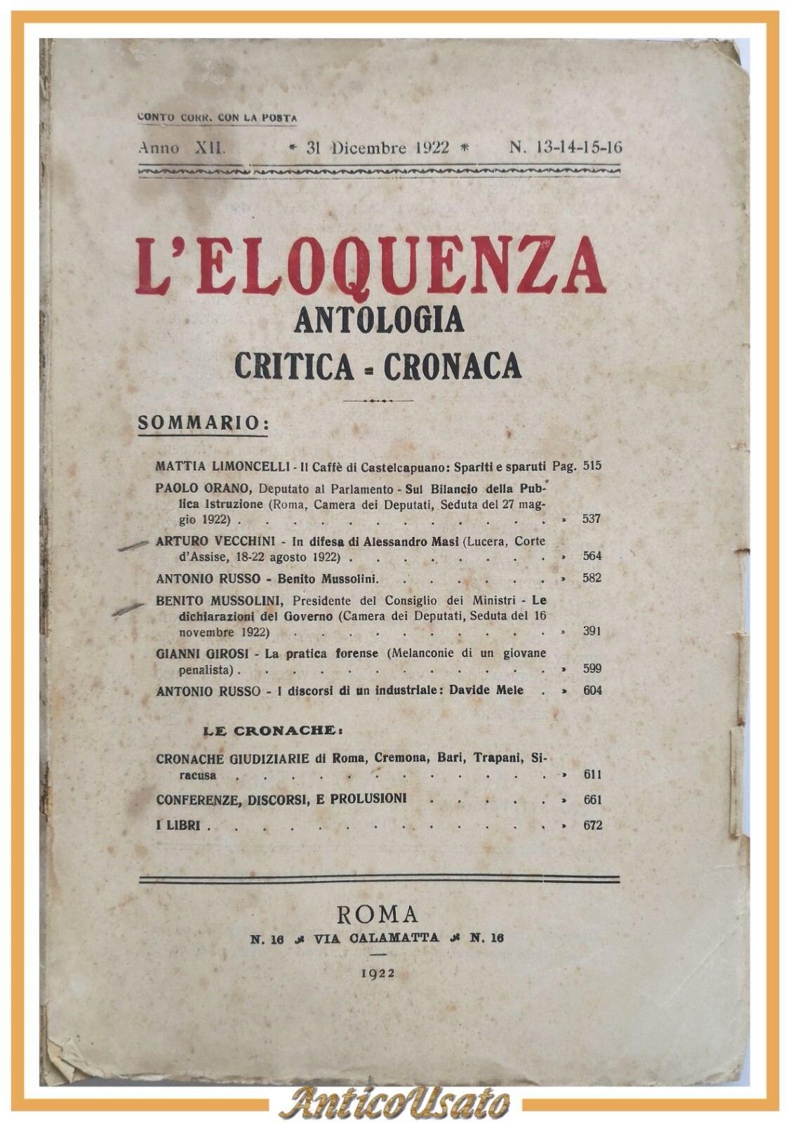 L'ELOQUENZA Numero 13 14 15 16 ANTOLOGIA CRITICA CRONACA 1922 …