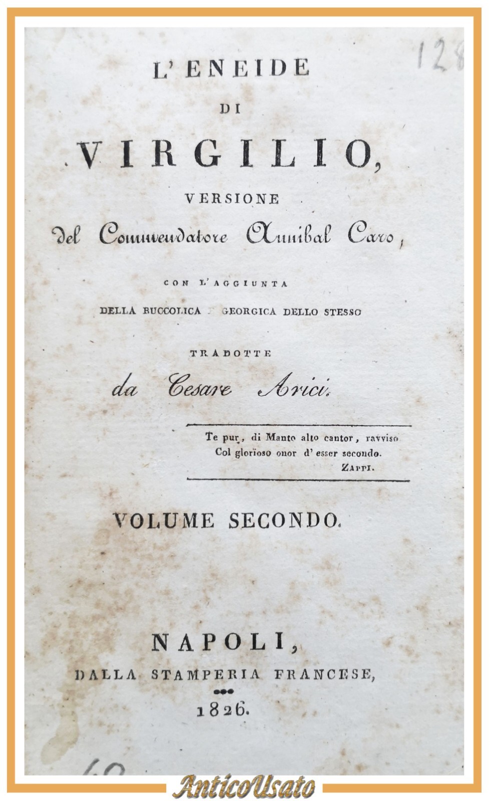 L'ENEIDE DI VIRGILIO Annibal Caro volume 2 1826 Stamperia Francese …