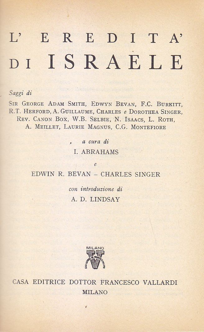 L'EREDITÀ D'ISRAELE a cura di Abrahams Bevan Singer 1960 Vallardi …