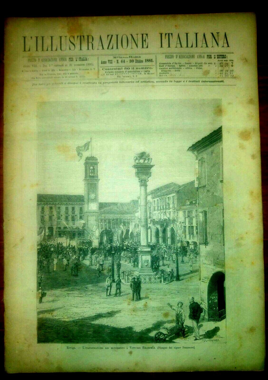L'ILLUSTRAZIONE ITALIANA 30 ottobre 1881 Rovigo Monumento al Re rivista …