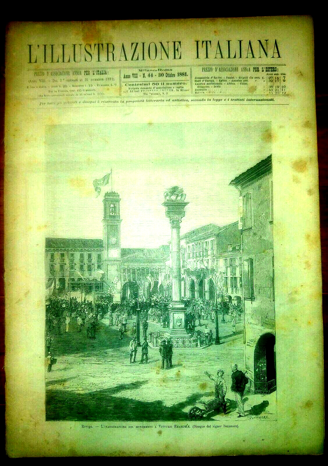 L'ILLUSTRAZIONE ITALIANA 30 ottobre 1881 Rovigo Monumento al Re rivista …