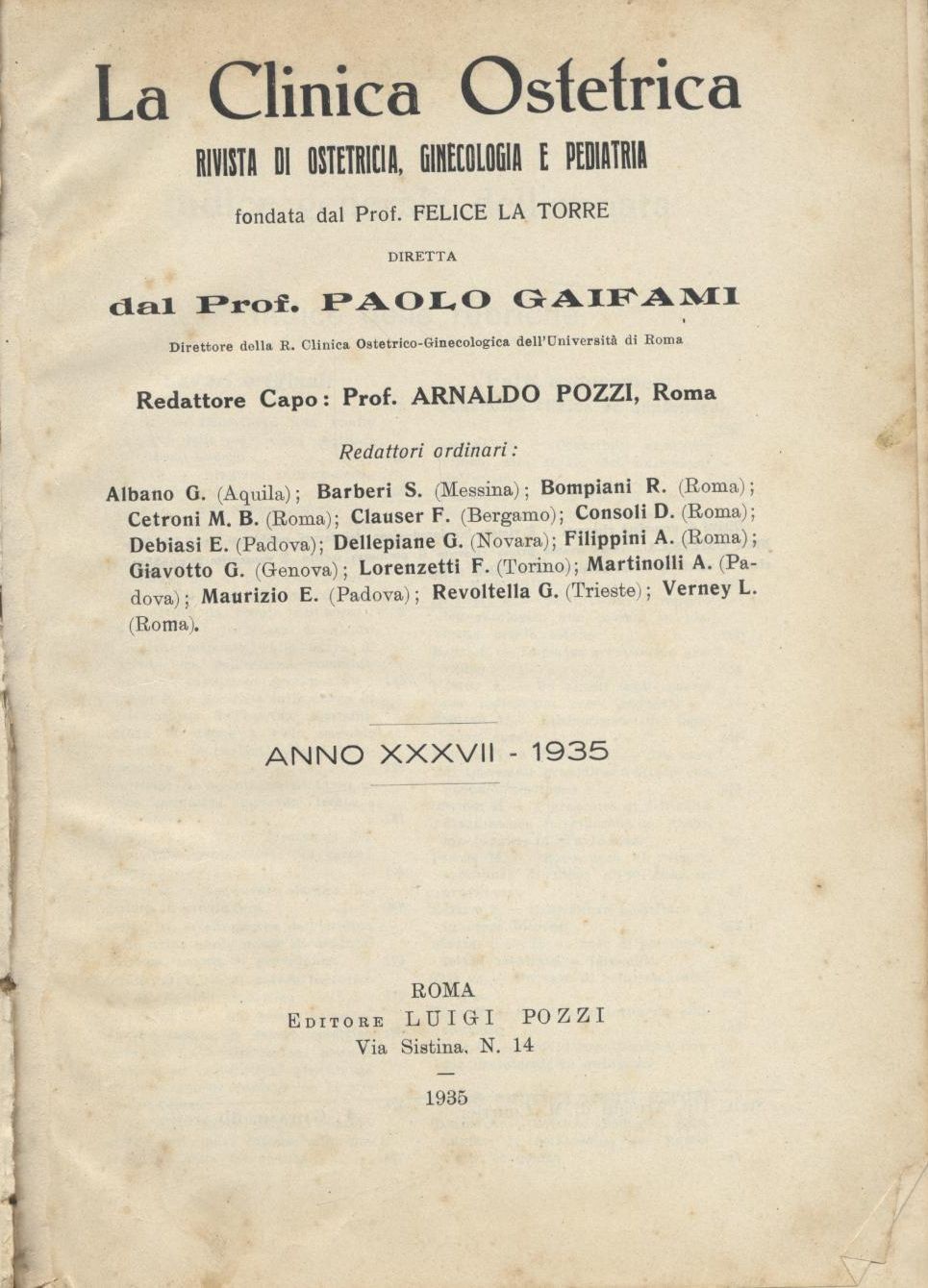 LA CLINICA OSTETRICA rivista di ostetricia ginecologia pediatria ANNATA 1935