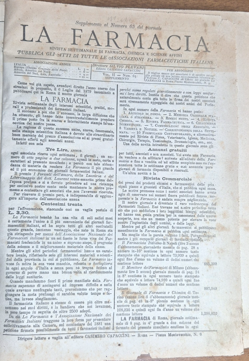 LA FARMACIA Rivista settimanale 1880 annata completa + primi numeri …