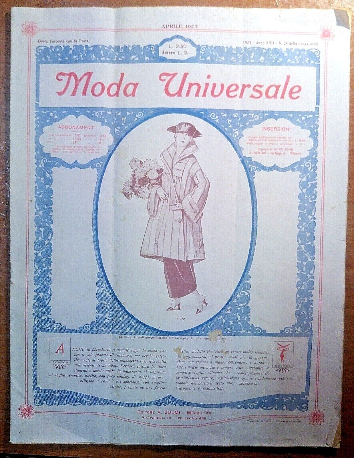 LA MODA UNIVERSALE anno XXII n. 28 aprile 1923 Solmi …