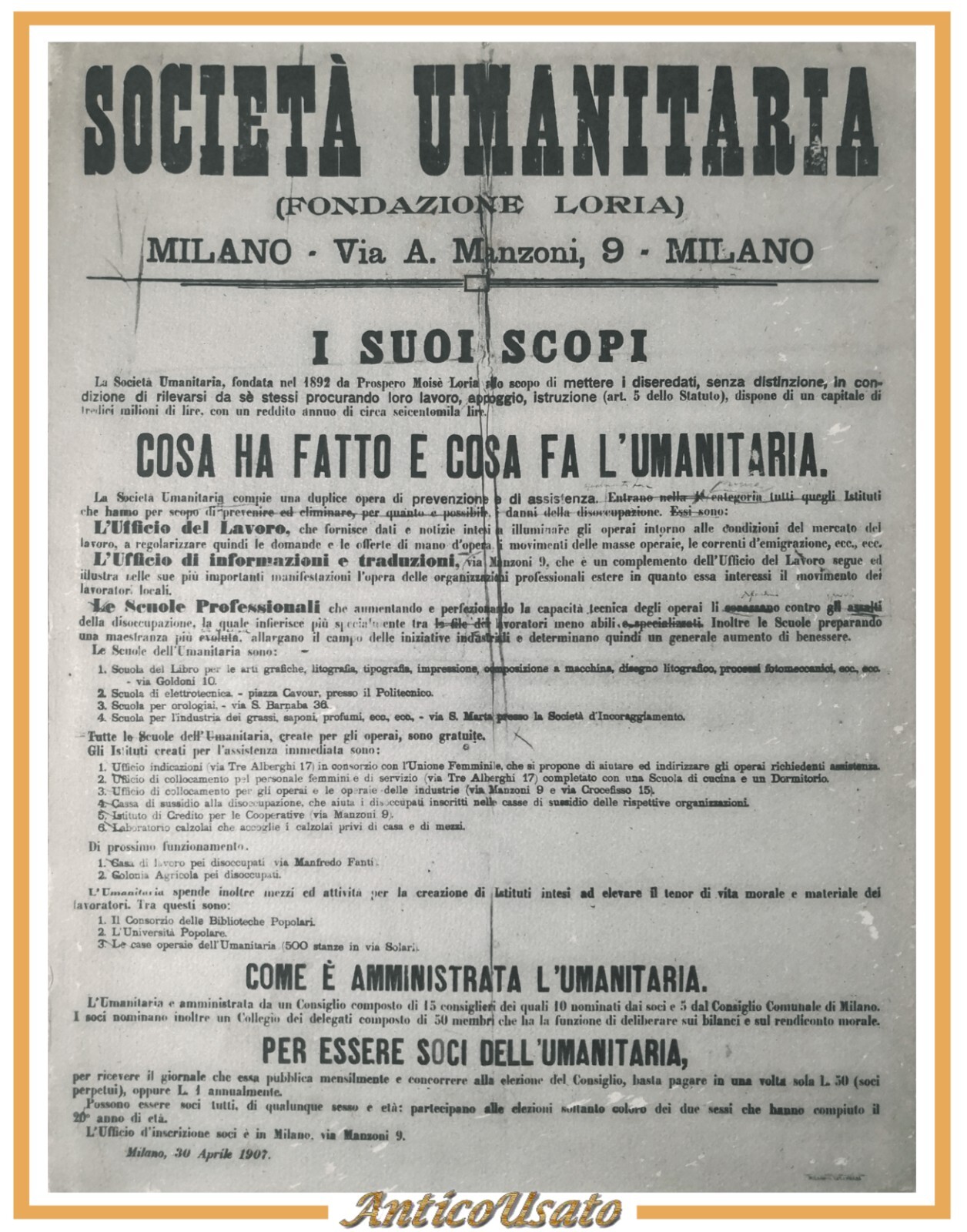 LA SOCIETÀ UMANITARIA FONDAZIONE P M LORIA MILANO 1893 1963 …