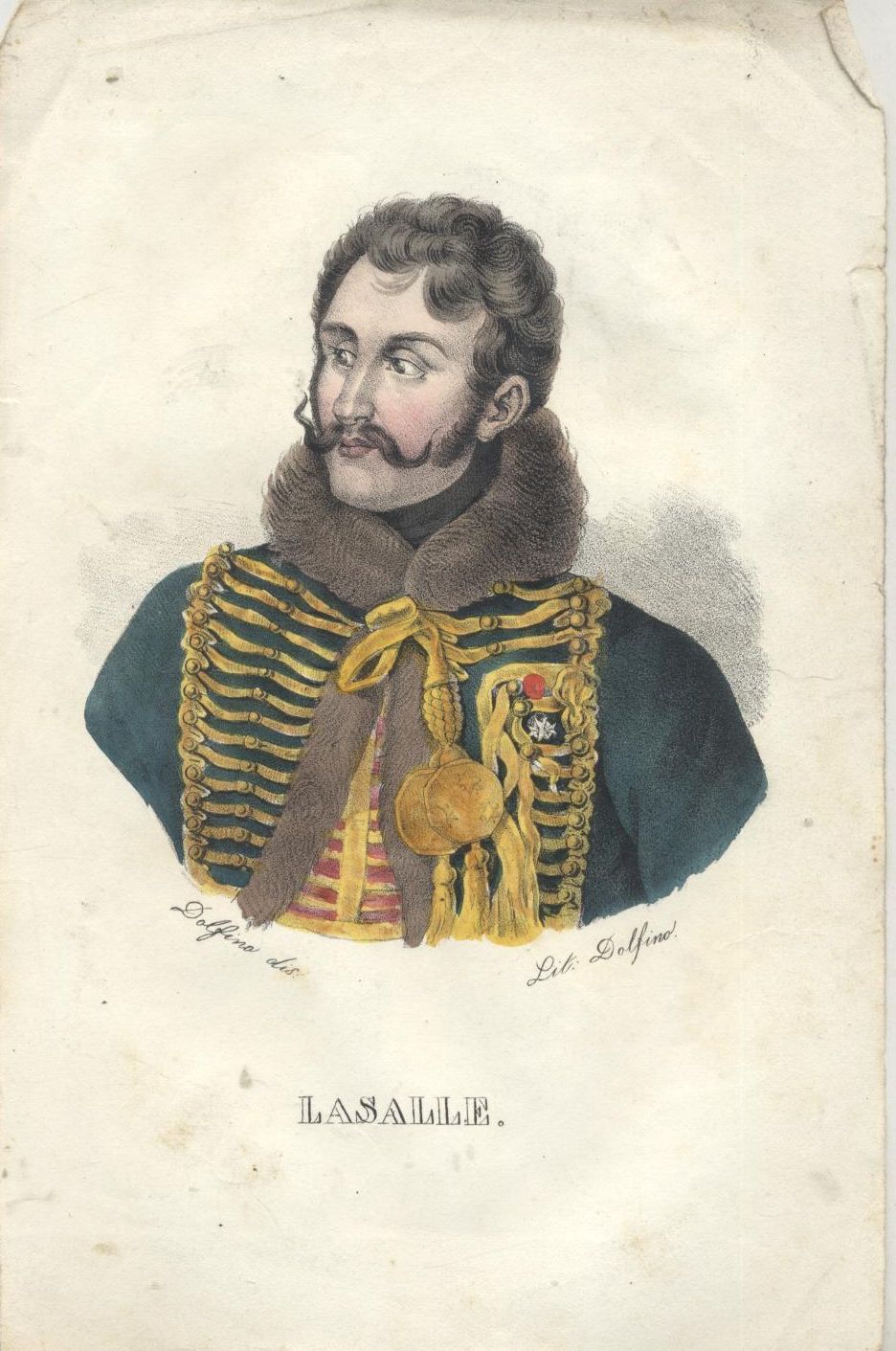 LASALLE Litografia DOLFINO Acquerellata metà 800 ORIGINALE Stampa Antica
