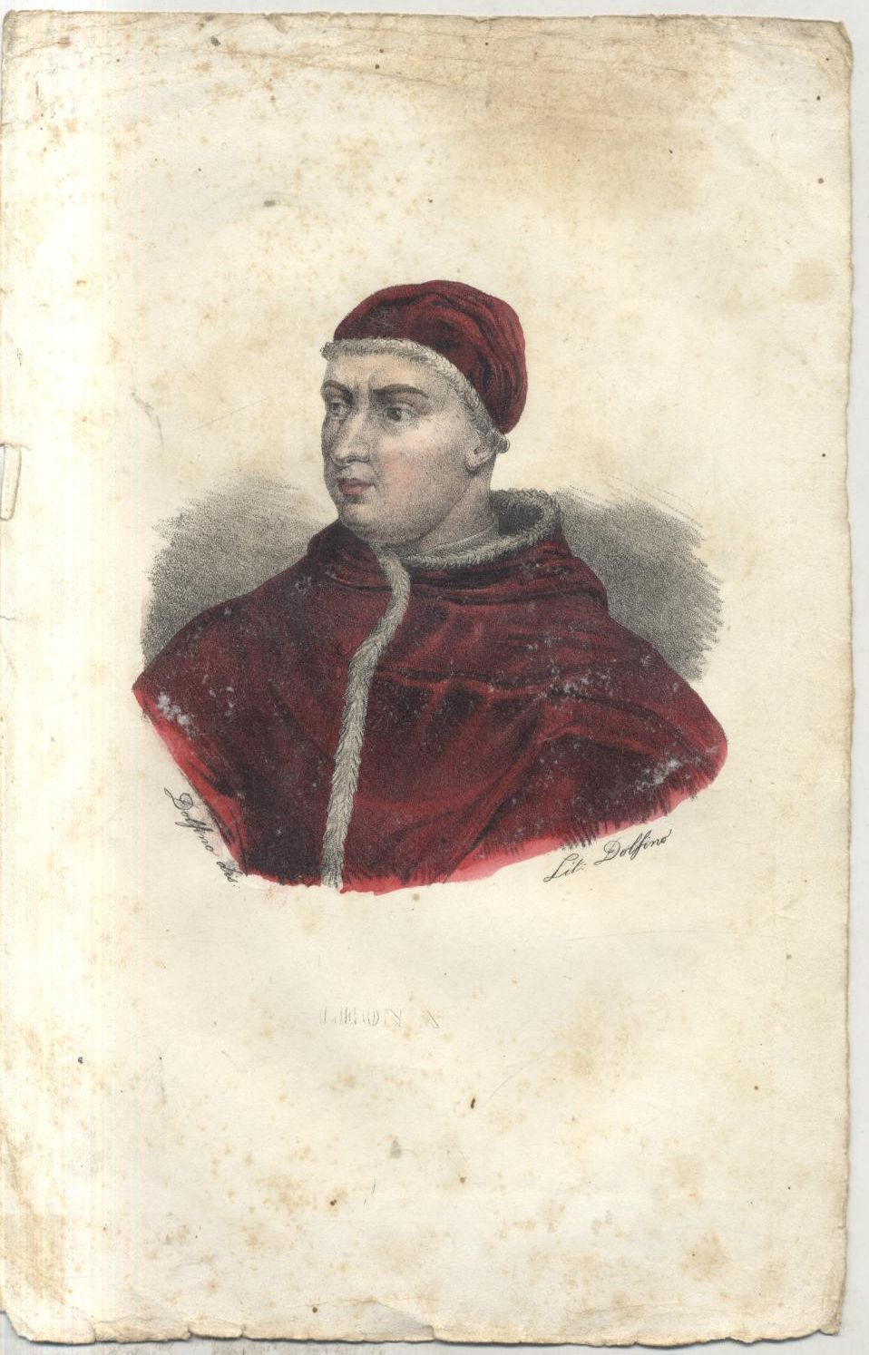 LEONE X splendida litografia DOLFINO acquerellata metà 800 ORIGINALE antica