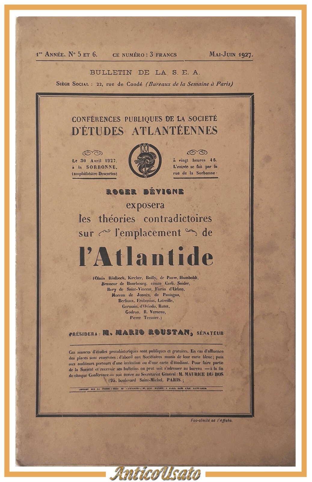 LES THEORIES CONTRADICTOIRES SUR L'EMPLACEMENT DE L'ATLANTIDE 1927 Libro Devigne
