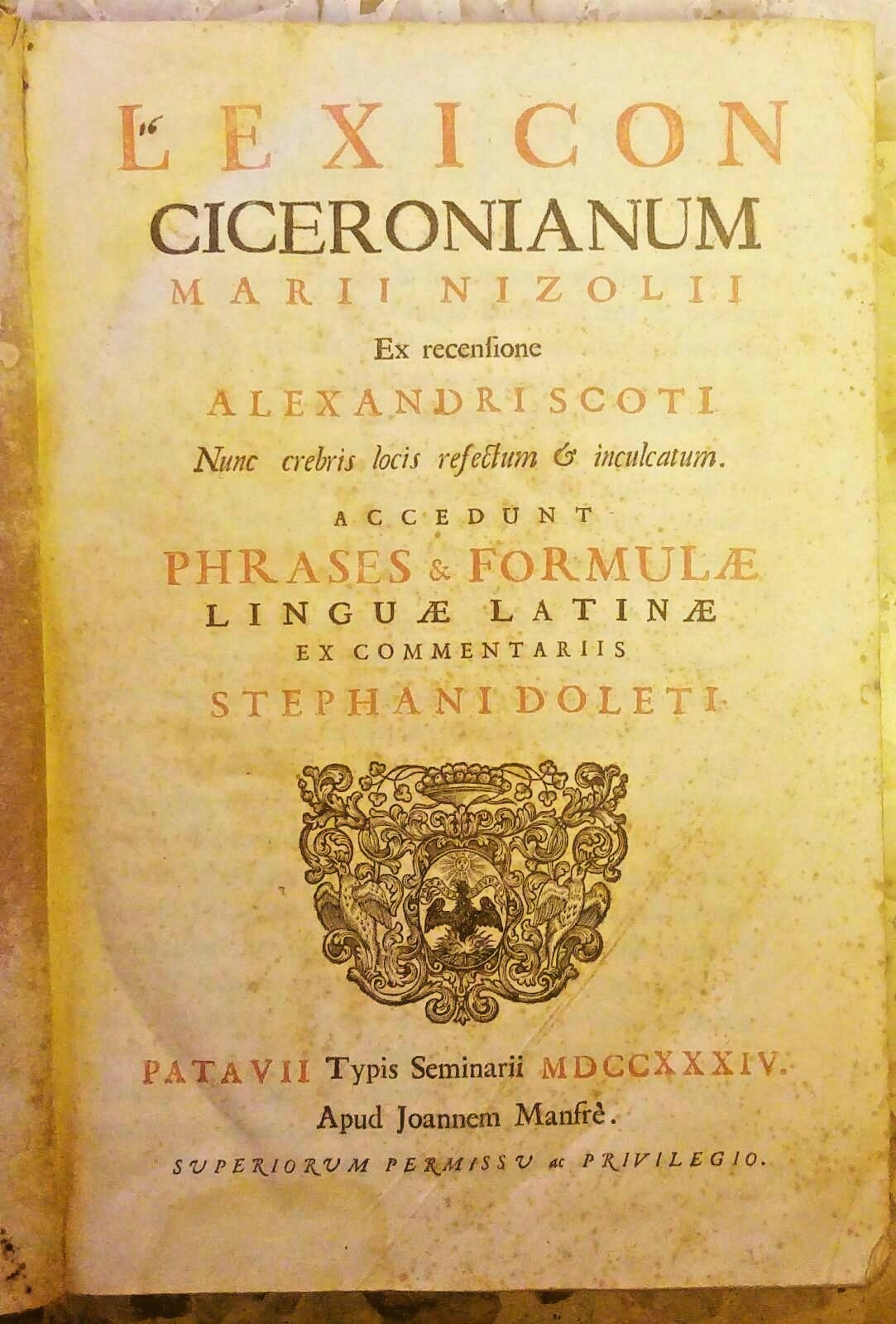 LEXICON CICERONIANUM Marii Nizoli Scoti 1734 Manfrè libro antico Cicerone