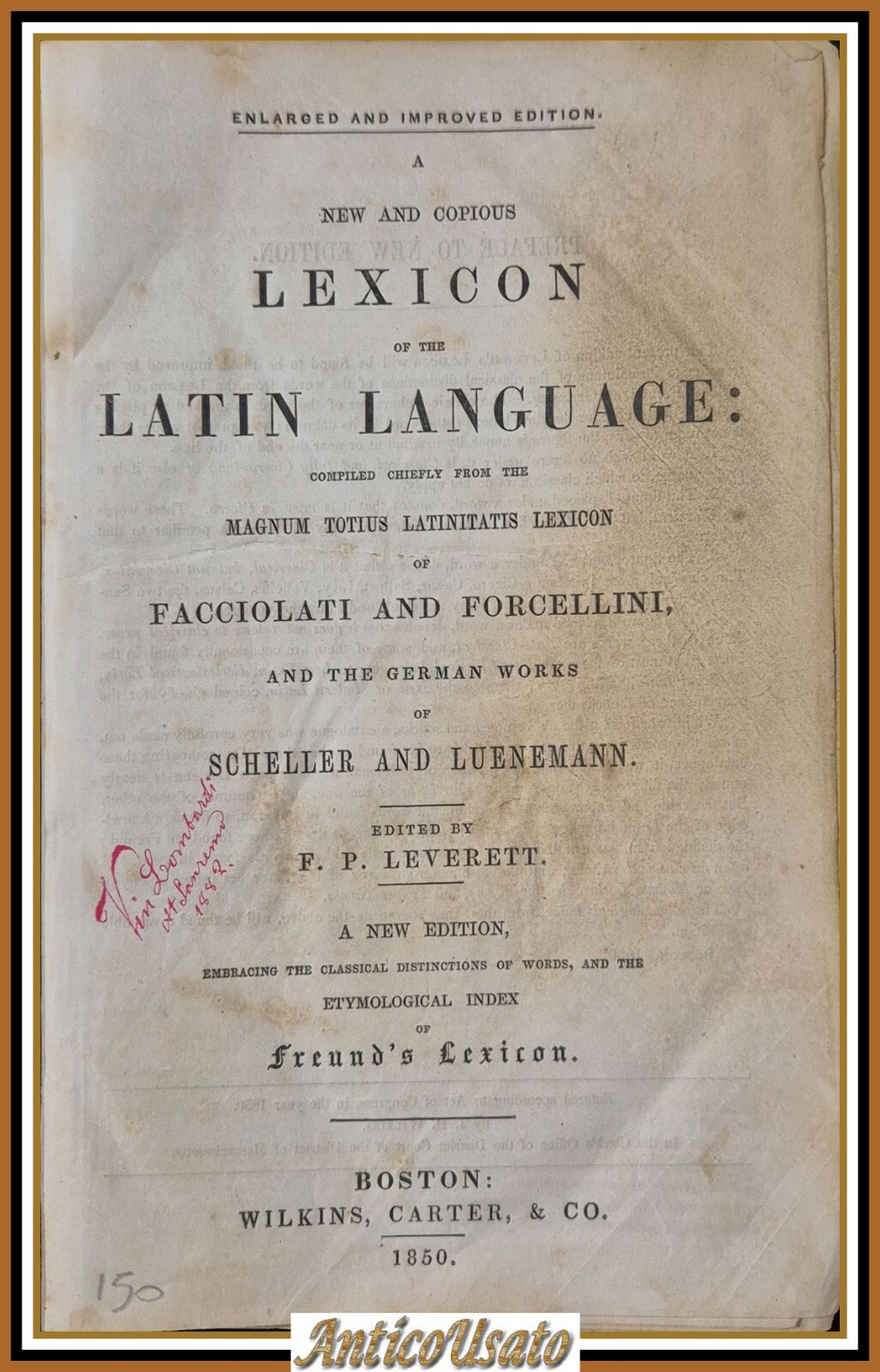 LEXICON OF THE LATIN LANGUAGE di Leverett 1850 Libro Antico …