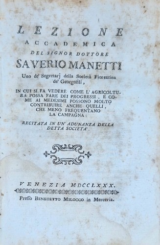 LEZIONE ACCADEMICA PROGRESSI AGRICOLTURA Di Saverio Manetti 1780 Libro Campagna