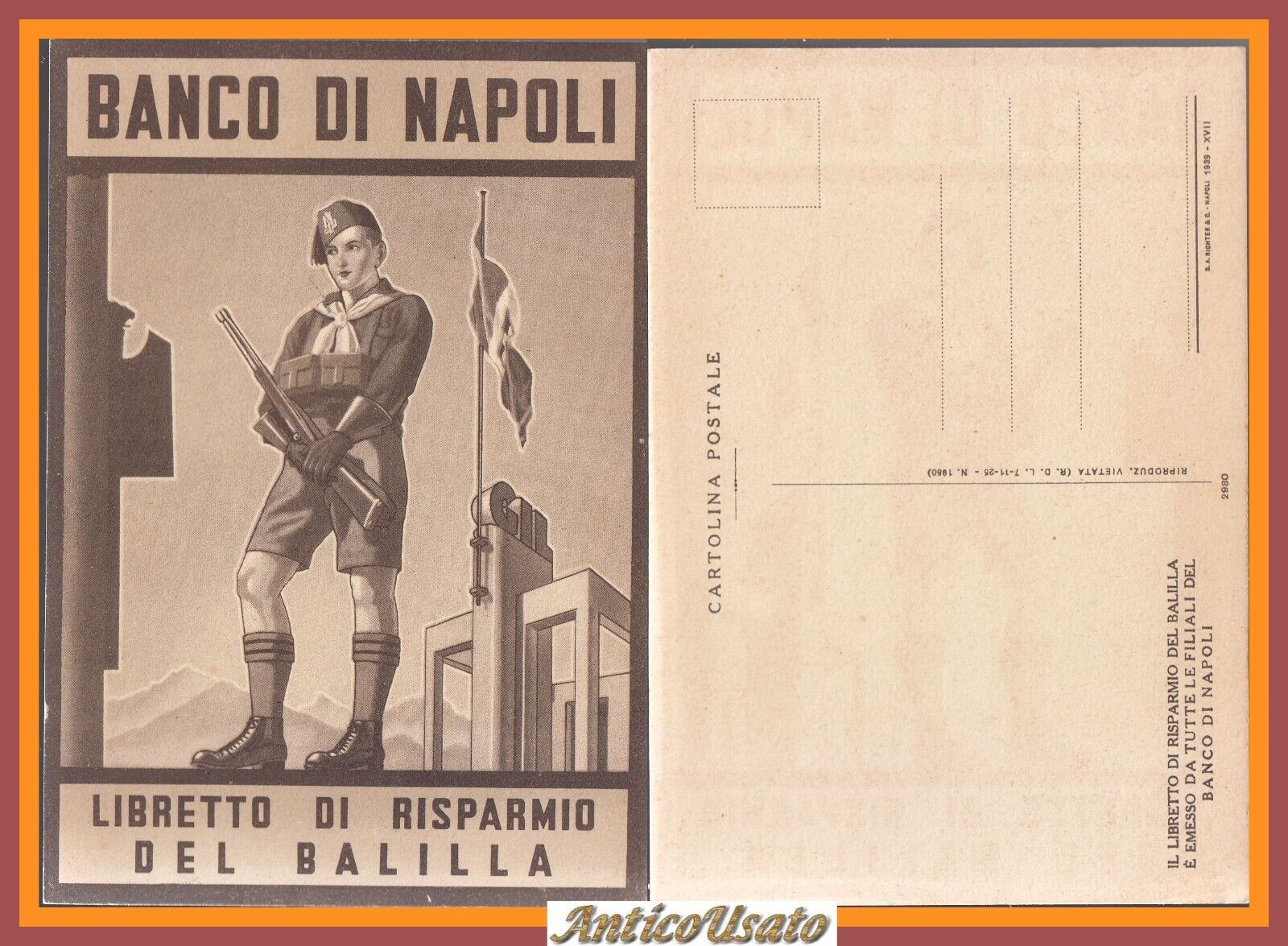 LIBRETTO DI RISPARMIO DEL BALILLA Cartolina pubblicitaria vintage Banco Napoli