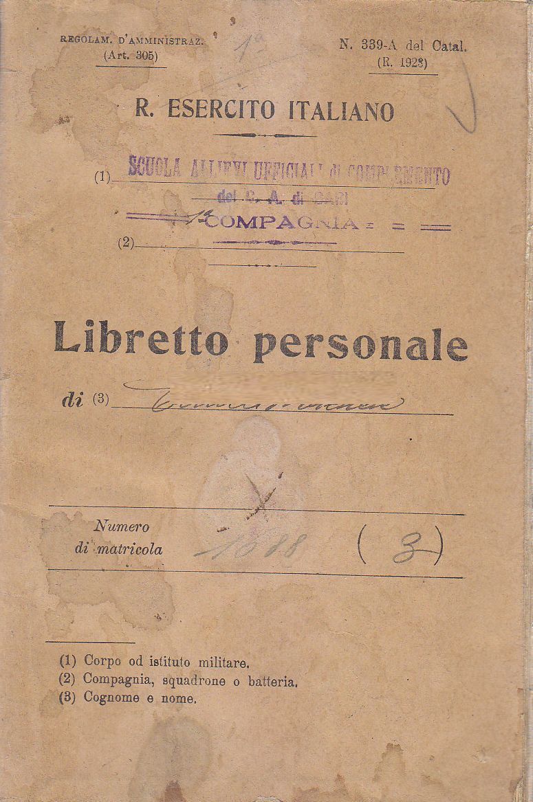 LIBRETTO PERSONALE 1927 Regio esercito italiano scuola allievi ufficiali guerra