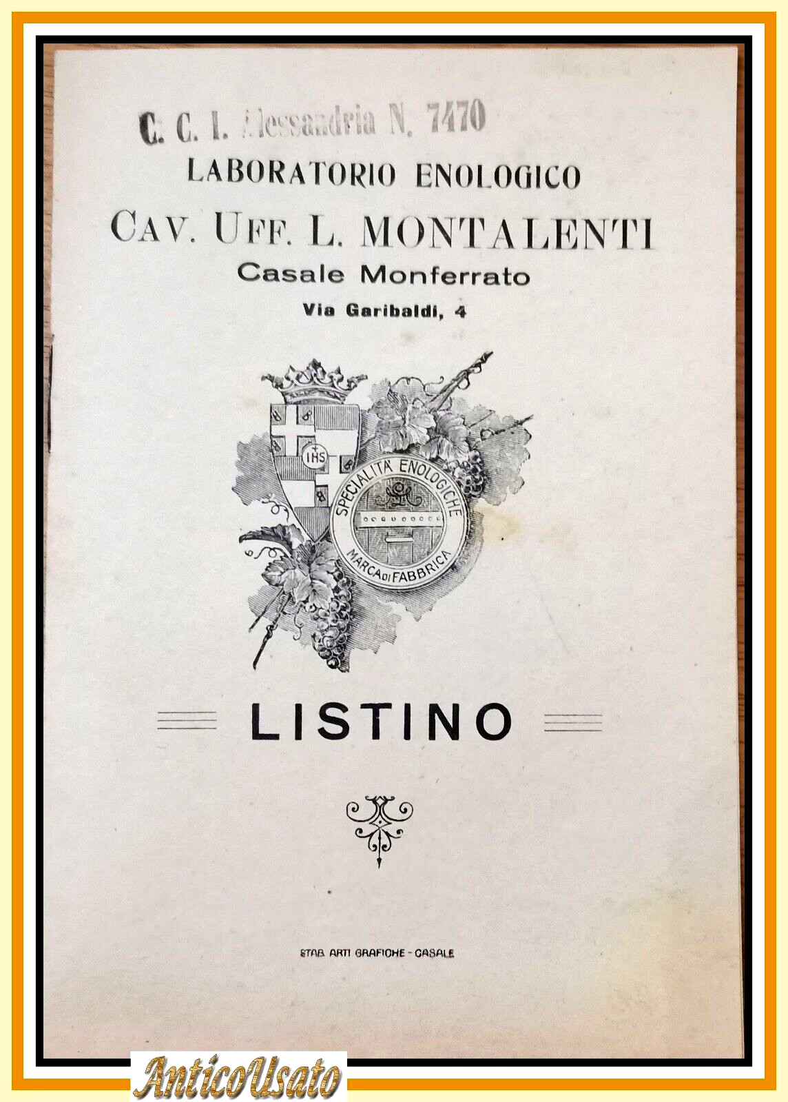 LISTINO LABORATORIO ENOLOGICO MONTALENTI Casale Monferrato primi del '900 Vino