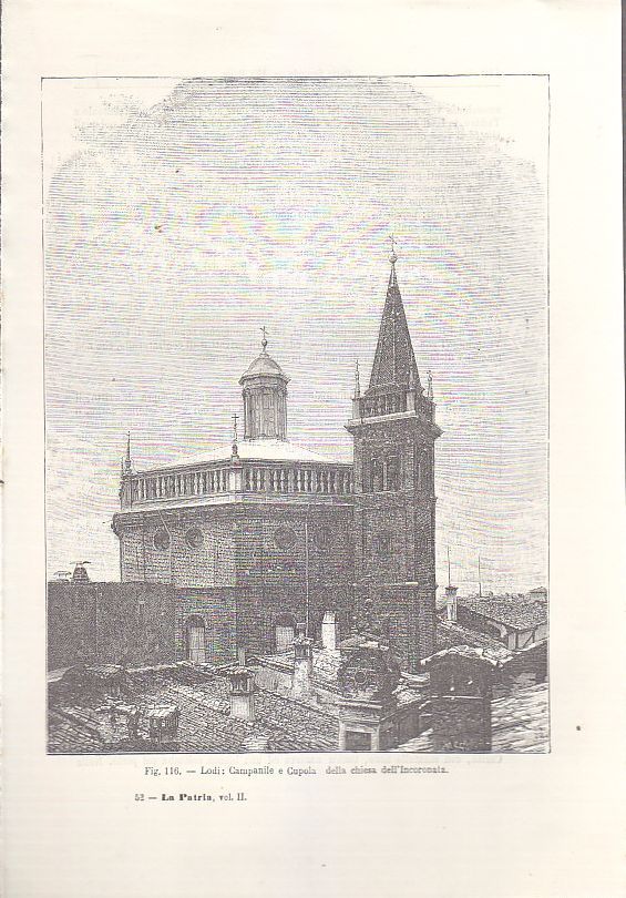 LODI CAMPANILE E CUPOLA CHIESA DELL'INCORONATA incisione originale 1902 antica