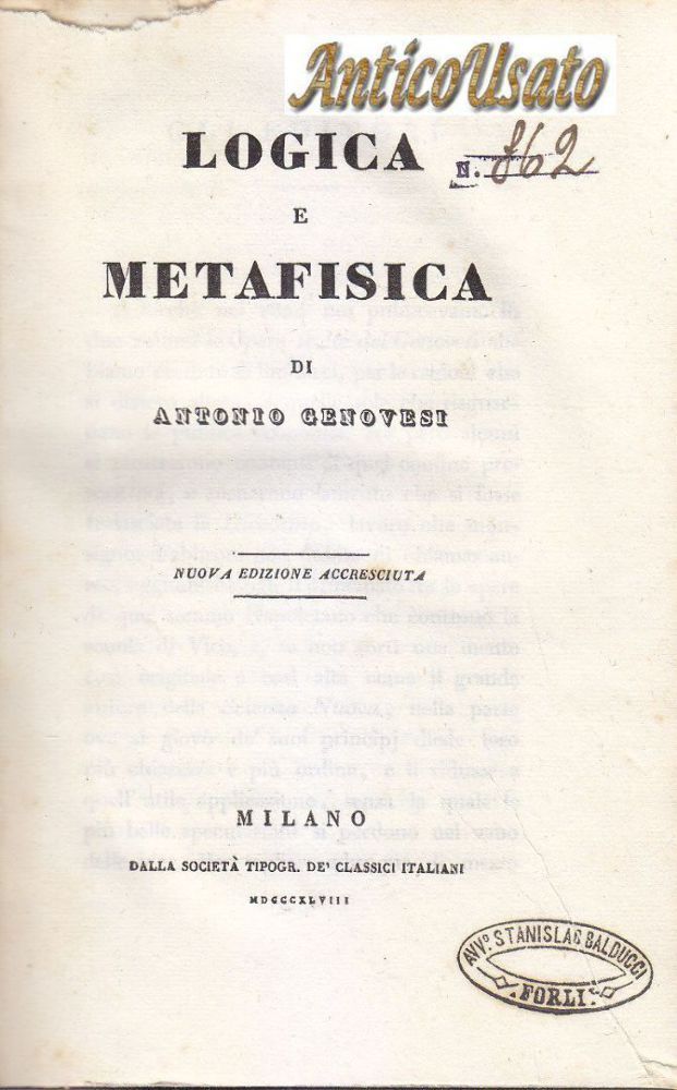 LOGICA E METAFISICA di Antonio Genovesi 1848 Tipografica Classici libro …