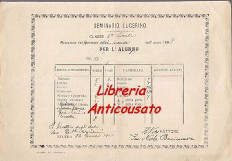 LUCERA PAGELLA SEMINARIO LUCERINO DELL'ANNO 1908 originale diploma liceo antico