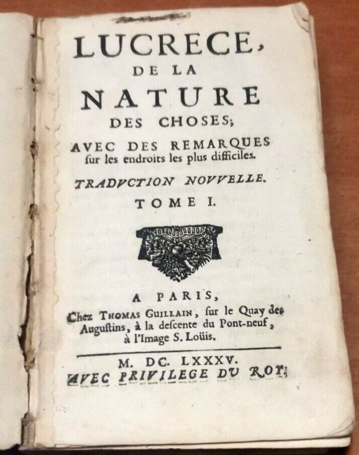 LUCRECE DE LA NATURE DES CHOSES tomo I 1685 Thomas …