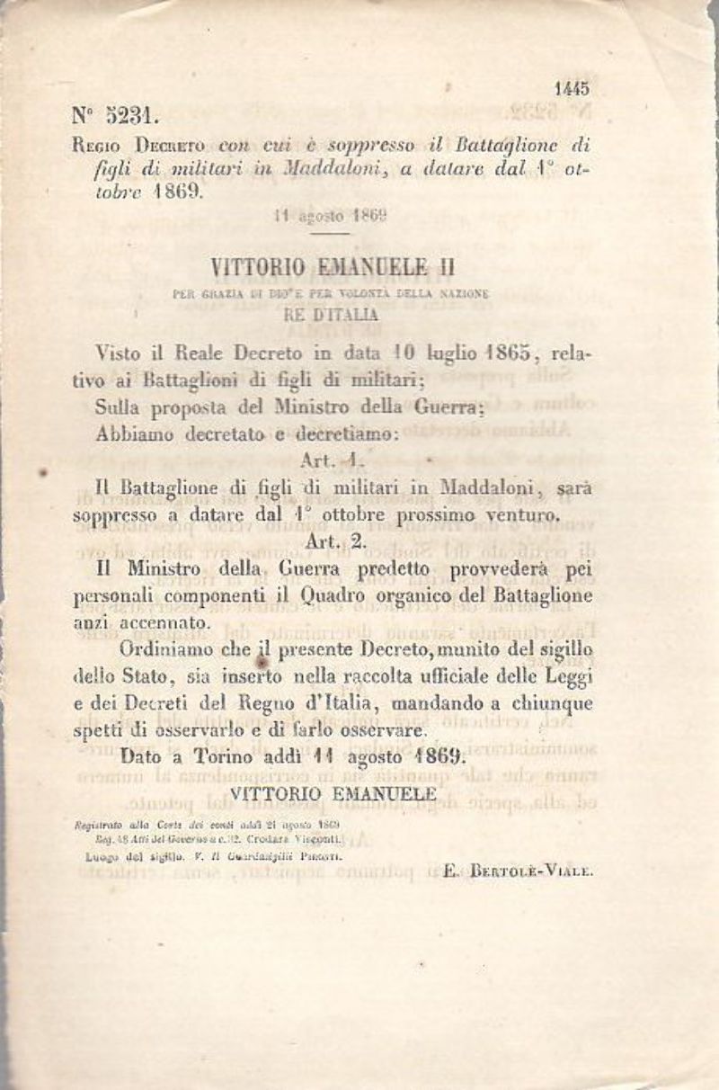 MADDALONI FIGLI DI MILITARI BATTAGLIONE REGIO DECRETO 11 agosto 1869 …