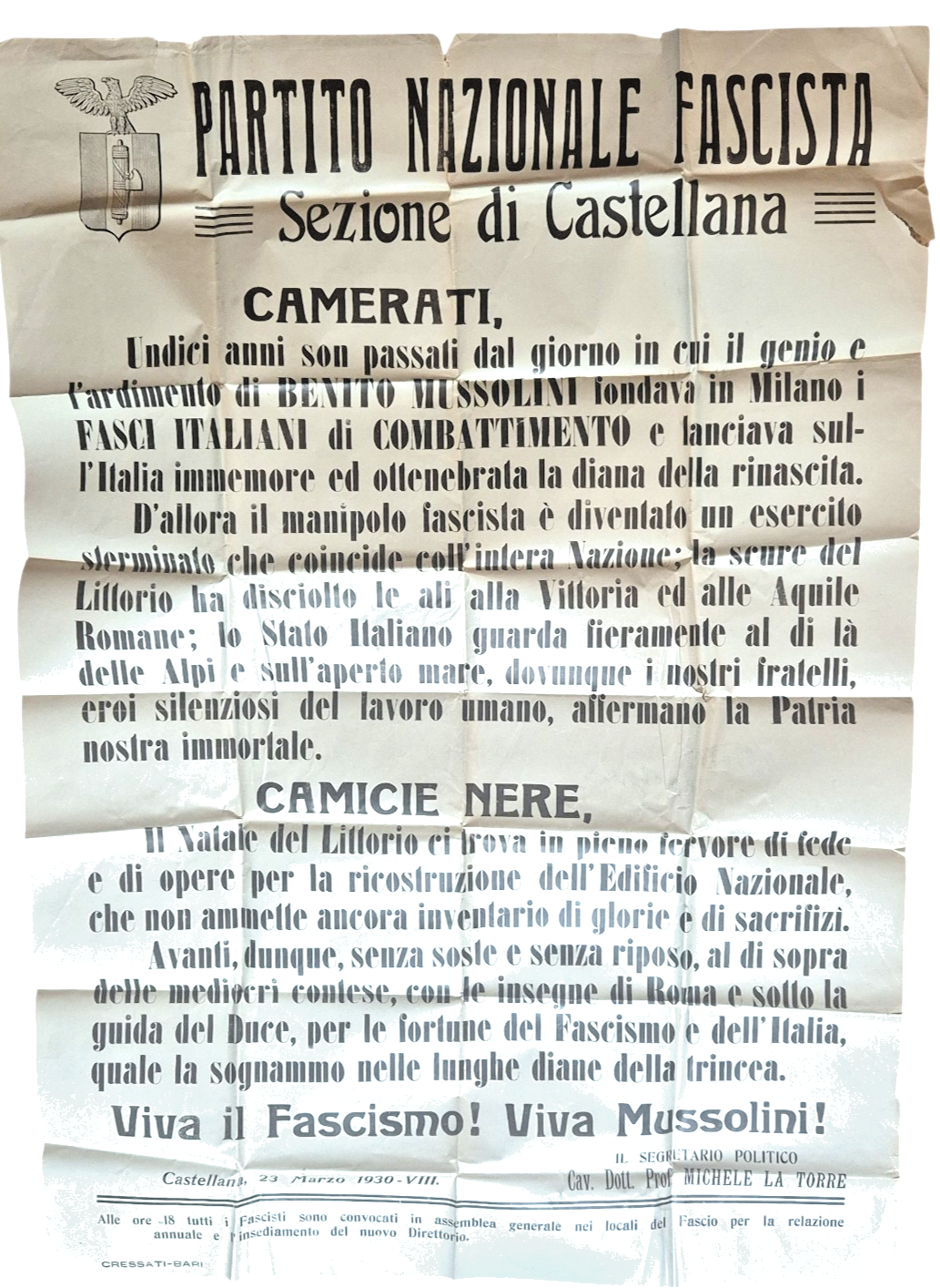 MANIFESTO Partito Nazionale Fascista Castellana Grotte 1930 Puglia Poster murale