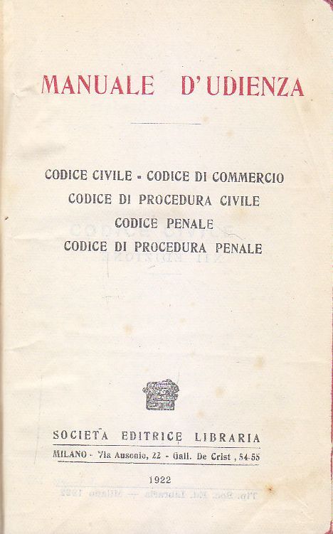 MANUALE D'UDIENZA codice civile commercio procedura civile penale 1922 libro