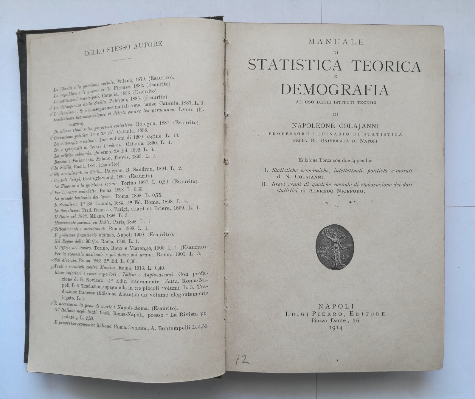 MANUALE DI STATISTICA TEORICA E DEMOGRAFIA di Napoleone Colajanni 1914 …