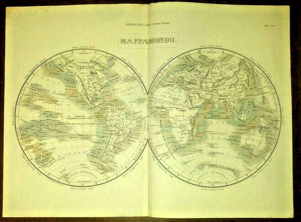 MAPPAMONDO CARTA GEOGRAFICA Incisione Stampa Antica 1866 TAVOLA Vintage Gravure