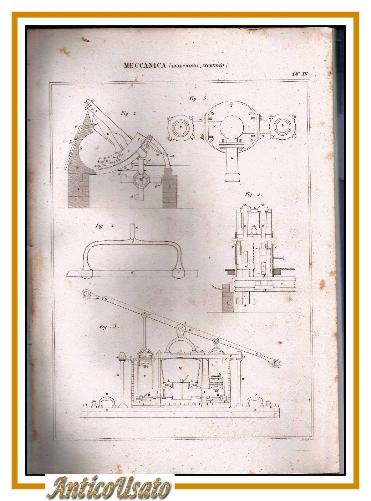 MECCANICA INCENDIO GUALCHIERA Incisione Stampa 1866 Originale antica pompieri