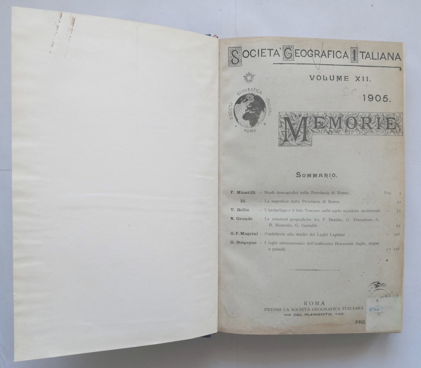 MEMORIE DELLA SOCIETÀ GEOGRAFICA ITALIANA volume XII 1905 Libro