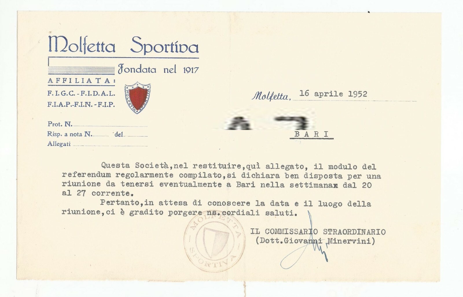 MOLFETTA SPORTIVA calcio lettera intestata 1952 girone unico serie C