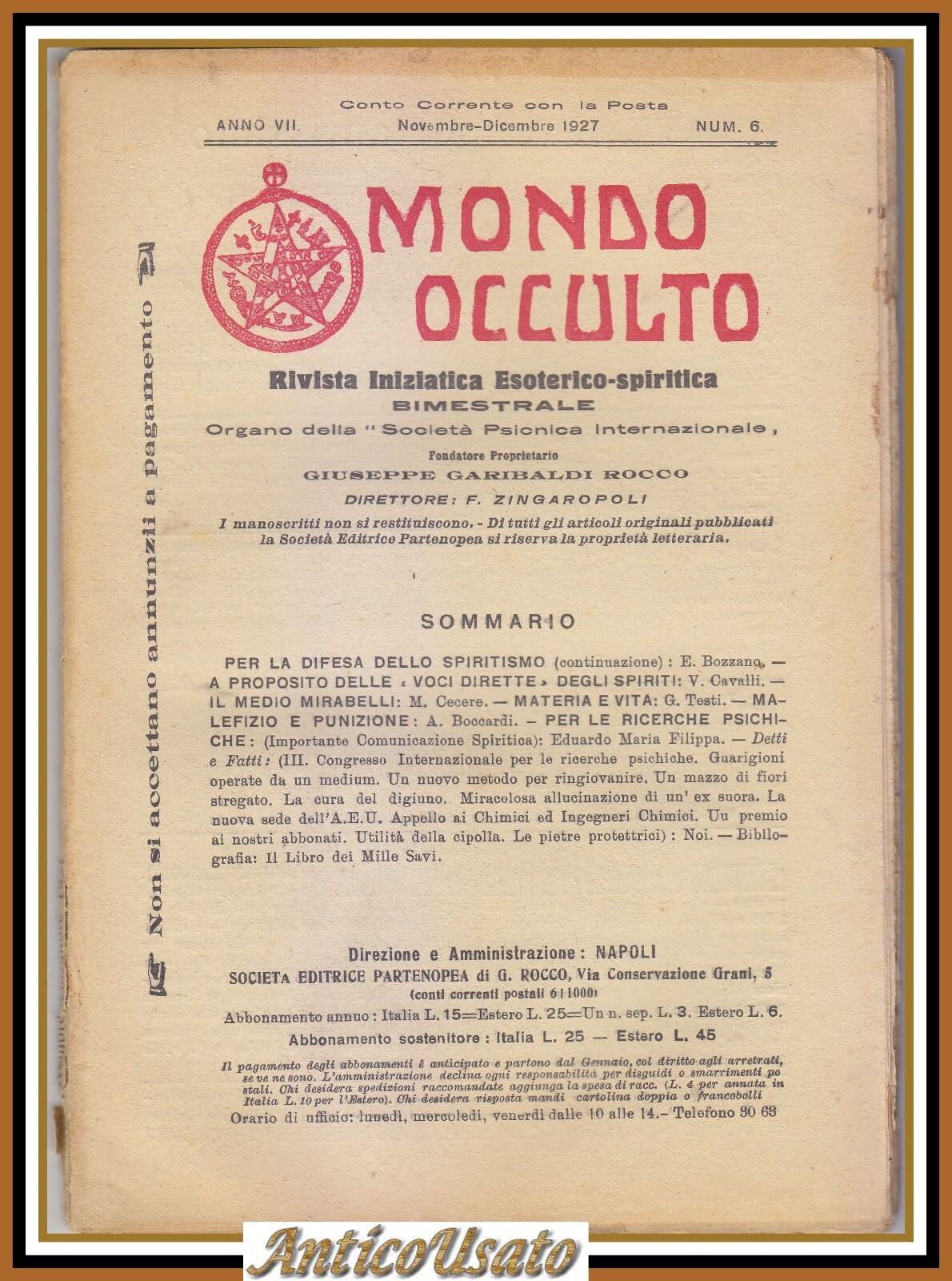 MONDO OCCULTO rivista iniziatica esoterico spiritica novembre 1927 Mirabelli