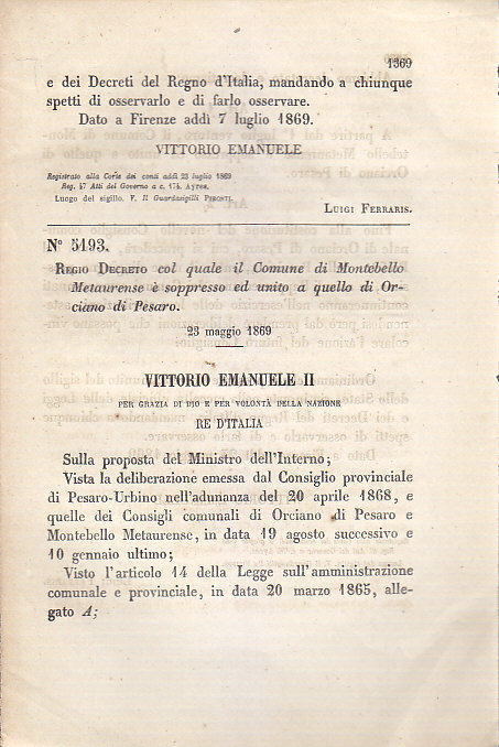 MONTEBELLO METAURENSE Regio Decreto 1869 ORCIANO DI PESARO originale antico