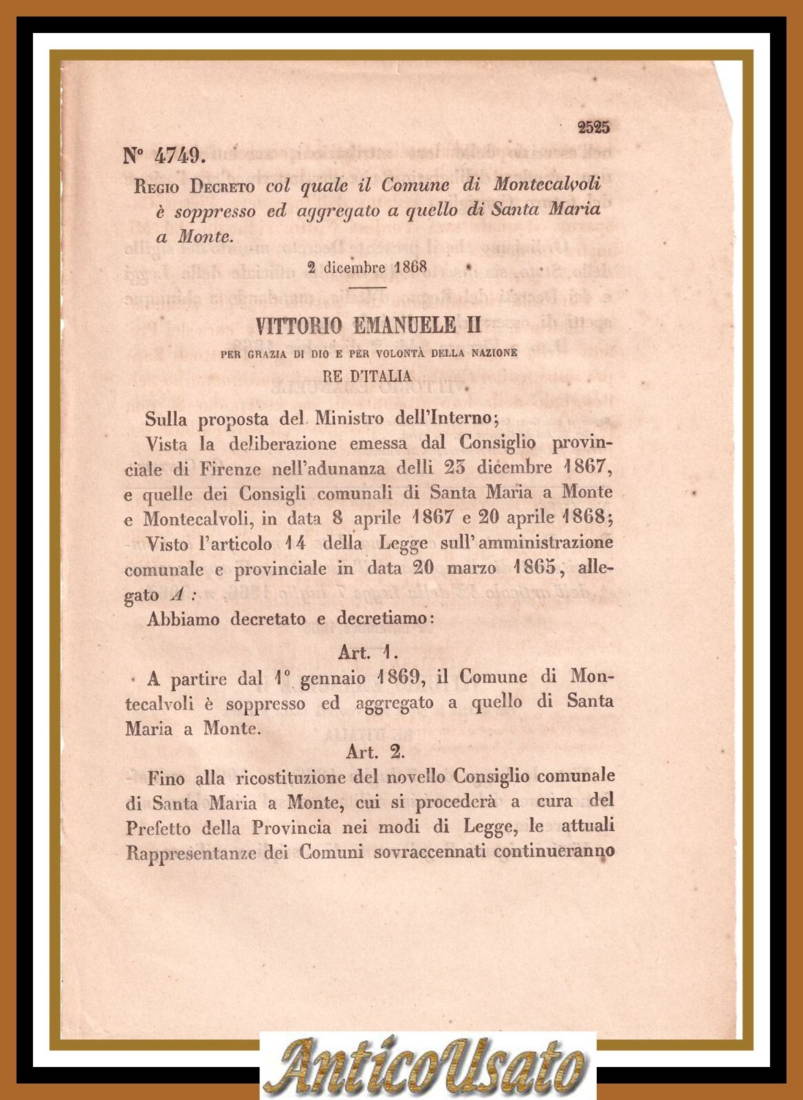 MONTECALVOLI Soppresso Regio Decreto SANTA MARIA A MONTE 2 DICEMBRE …