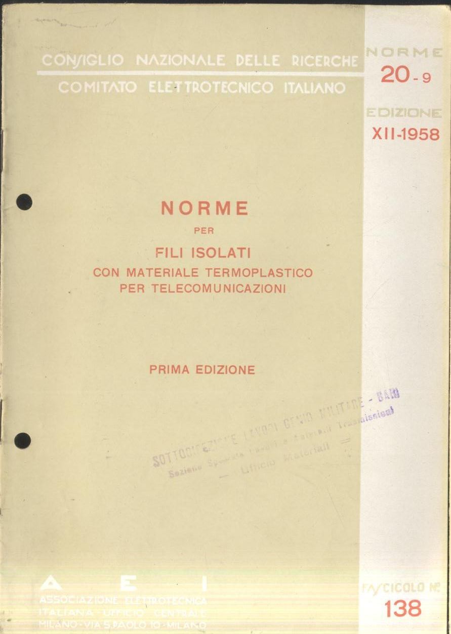 NORME FILI ISOLATI MATERIALE TERMOPLASTICO TELECOMUNICAZIONI 1958 elettrotecnica