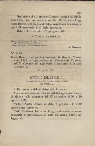 NOVEGRO REGIO DECRETO 1869 LAMBRATE revoca soppressione antico originale