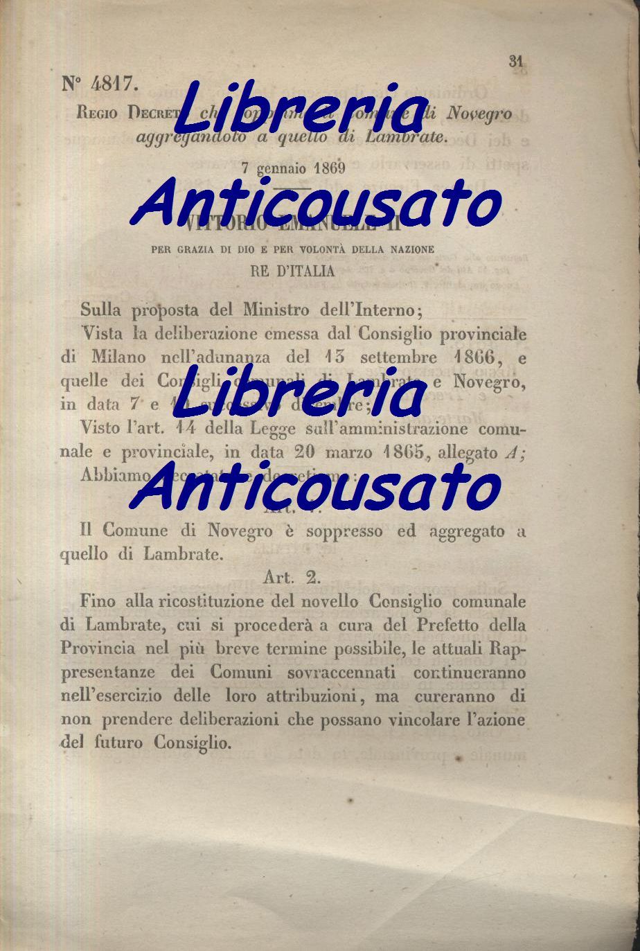 NOVEGRO SOPPRESSO REGIO DECRETO 1869 AGGREGATO A LAMBRATE Originale Antico