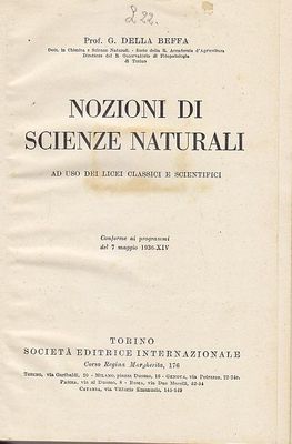NOZIONI DI SCIENZE NATURALI G Della Beffa 1937 SEI libro …
