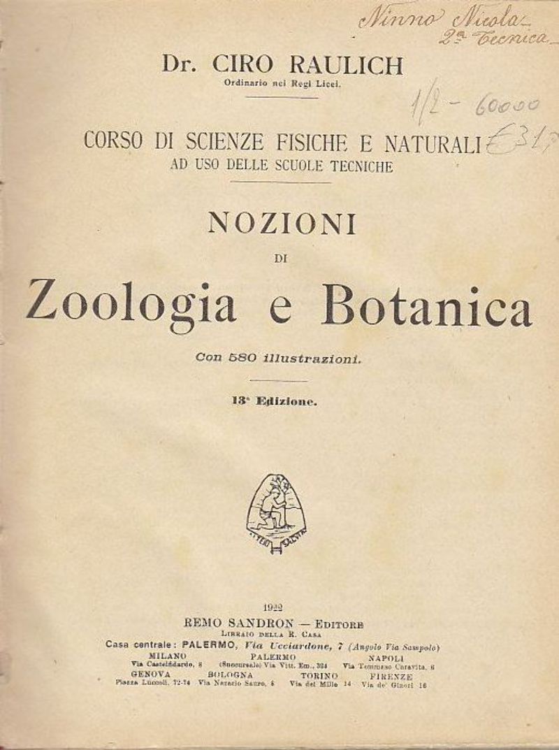 NOZIONI DI ZOOLOGIA E DI BOTANICA di G. Raulich 1922 …