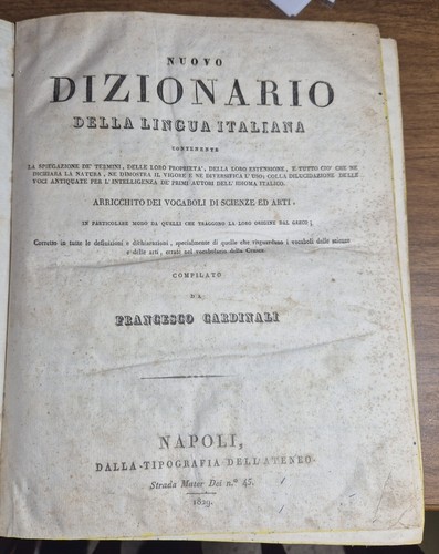 NUOVO DIZIONARIO DELLA LINGUA ITALIANA di Cardinali 1829 Libro Vocabolario …