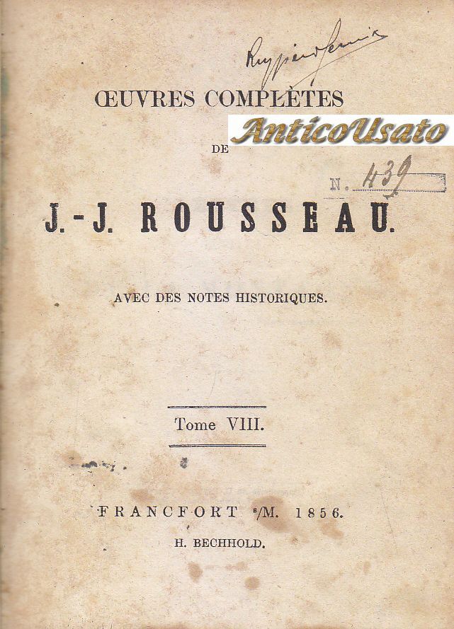 OEUVRES COMPLETES DI J.ROUSSEAU TOME VIII Lettres 1856 Bechhold libro …