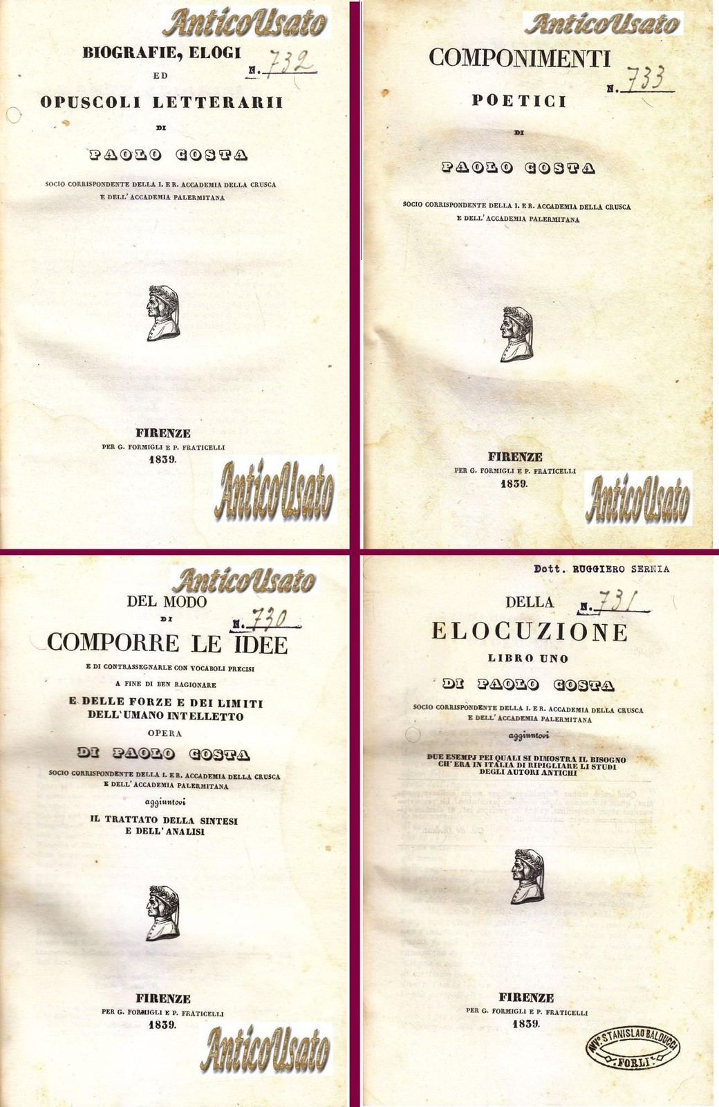 OPERE COMPLETE di Paolo Costa 4 VOLUMI completo 1839 Formigli …