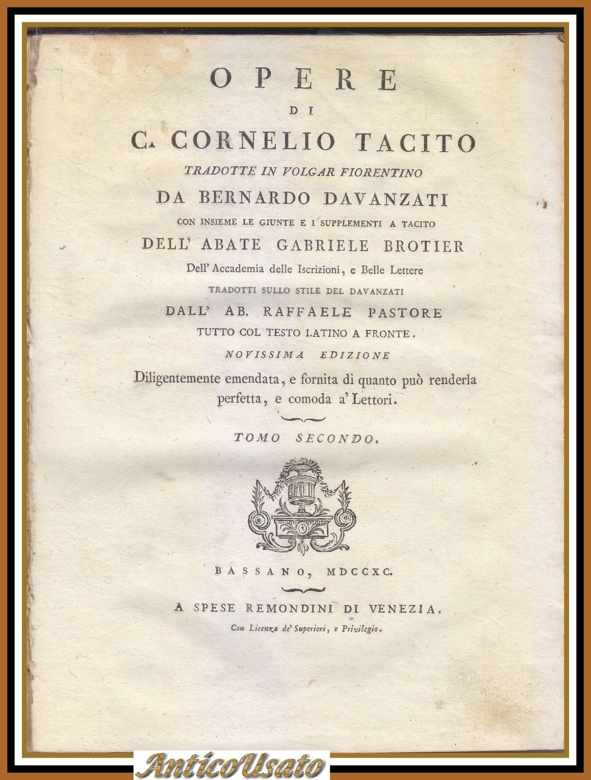 OPERE DI CORNELIO TACITO tomo 2 tradotte da Davanzati 1790 …
