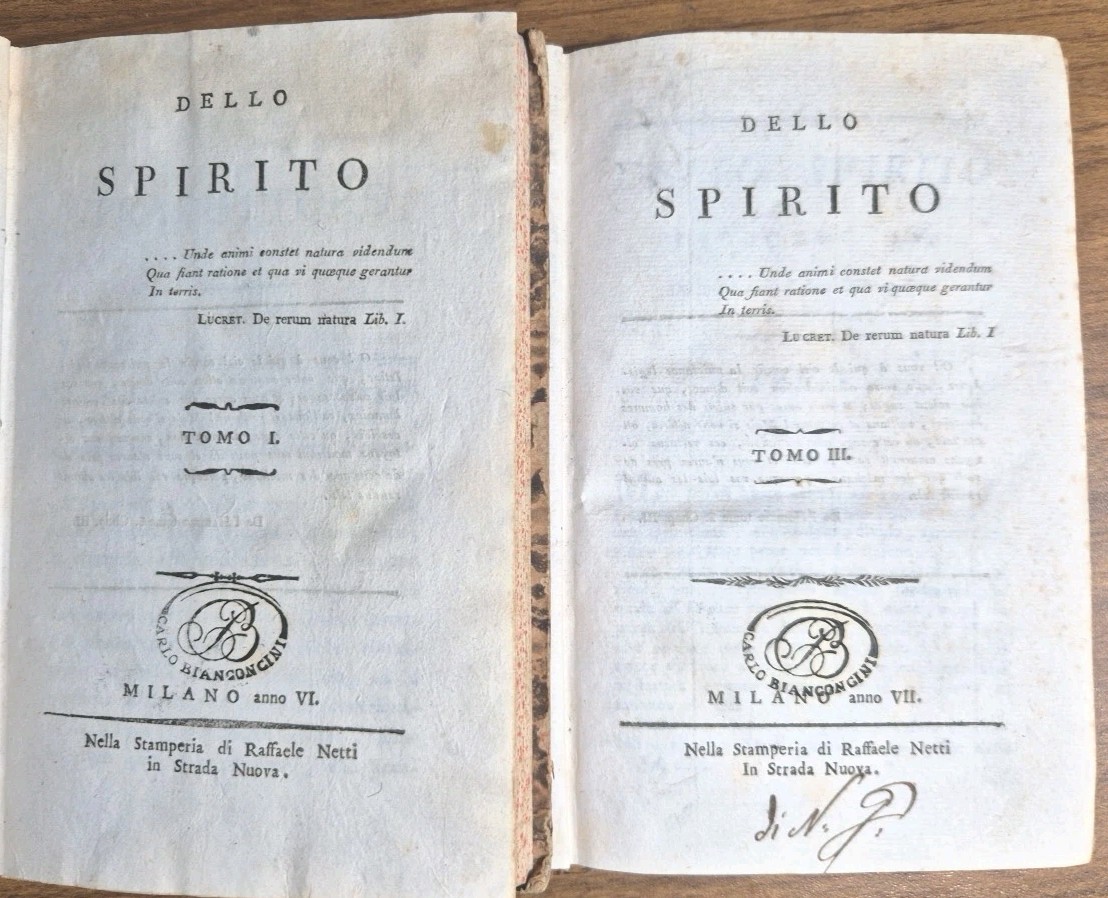 OPERE di Elvezio Volume 1 e 3 dello spirito 1797 …