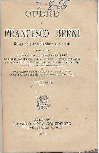OPERE DI FRANCESCO BERNI 1877 Sonzogno dialogo dei poeti le …